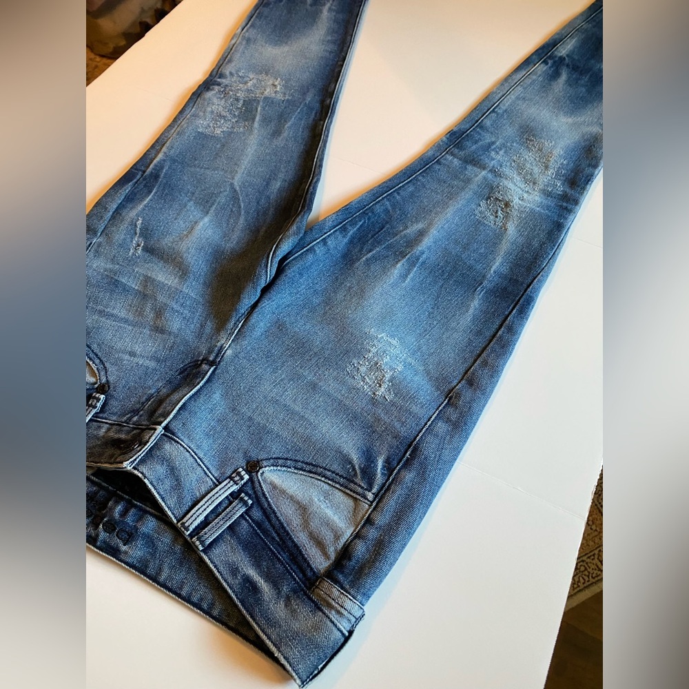 Bebe Patchwork and Distressed Skinny Stretch Blue Jeans, Size 27 - Picture 6 of 9